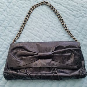 Black Leather Hobo Clutch Handbag w Chain Strap